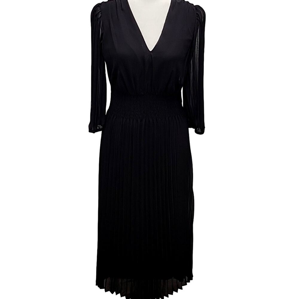 Just Taylor Black Pleated Midi Dress Size 8 V-Neck Pleated Sleeves with Elastic